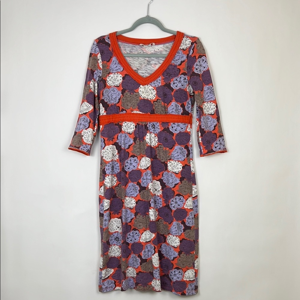 Boden Purple and Orange Sheath Midi Dress with 3/4 Sleeves and V-Neck US6